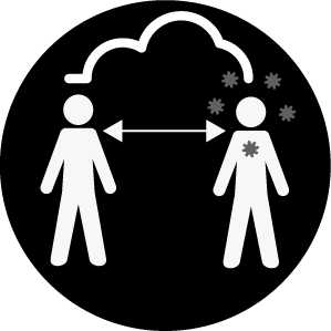 Icon showing two people meeting outside but keeping their distance apart – one person has germs floating around them