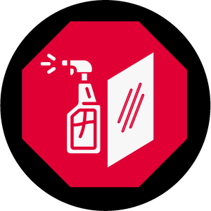Icon of a disinfecting spray bottle and a plexiglass shield
