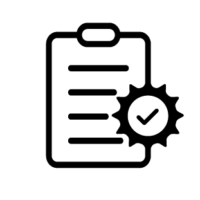 An icon of a clipboard overlayed with a starburst and a checkmark depicting the concept of workplace policies